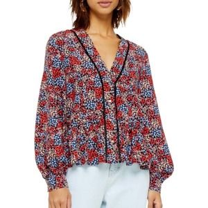 Topshop Floral Long Sleeve V Neck Blouse Black & Red Size 4